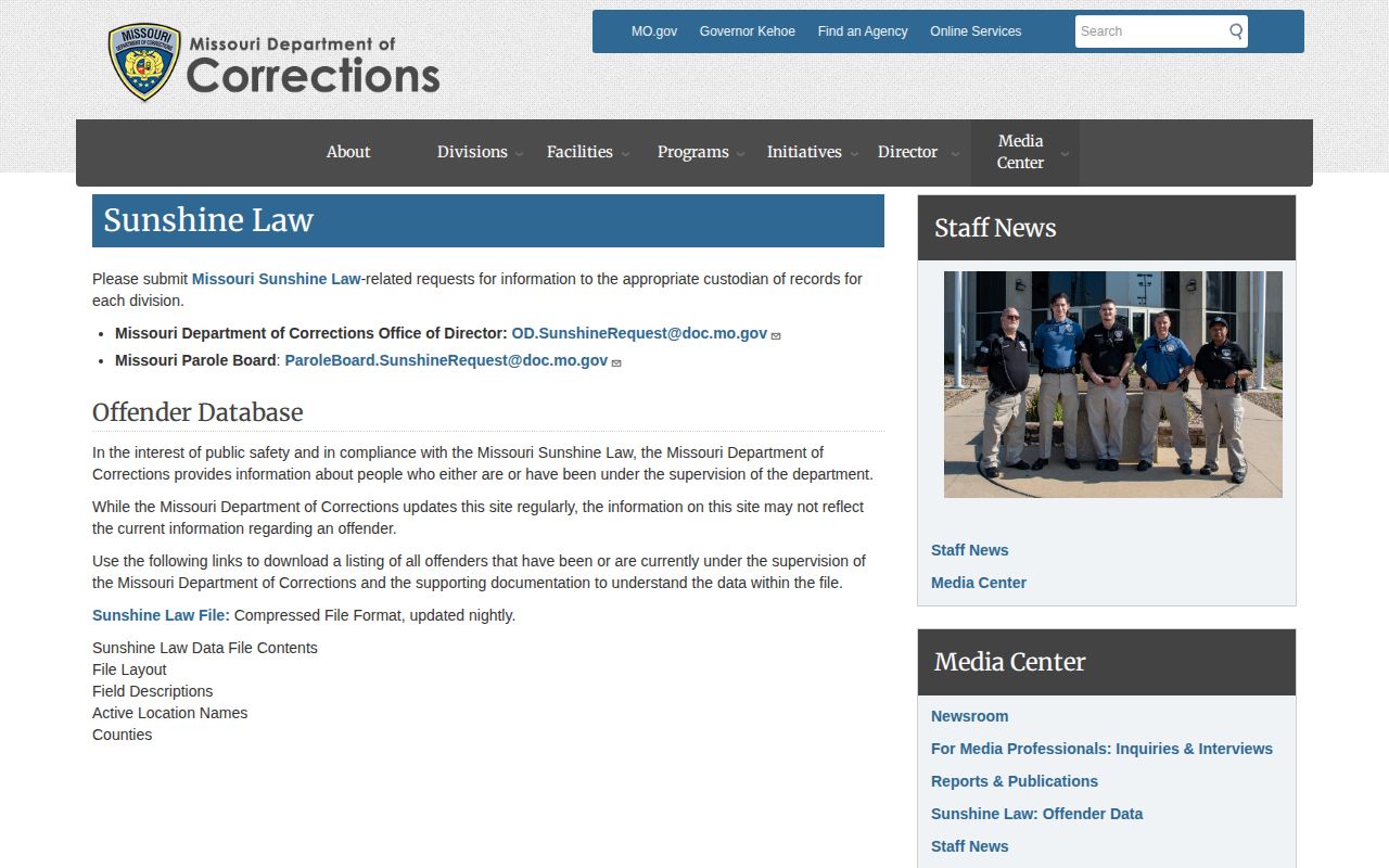 Boone County projected release date fields on the Missouri DOC Sunshine data page